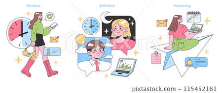 Work modes set. Professionals navigating part-time schedules, enduring night shifts, and thriving in freelance careers. Part-time balance, nocturnal duties, and remote tasks. Flat vector illustration 115452161