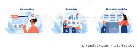 Investment strategies set. Enthusiastic woman explores commodities, focused man evaluates real estate potential, and a professional weighs diversified portfolio options. Flat vector illustration. Investment strategies set. Enthusiastic woman explores commodities, focused man evaluates real estate potential, and a professional weighs diversified portfolio options. Flat vector illustration. 115452162
