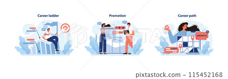 Career progression set displaying climbing the ladder, earning promotions, and plotting a growth path. The journey to professional success captured. Flat vector illustration. Career progression set displaying climbing the ladder, earning promotions, and plotting a growth path. The journey to professional success captured. Flat vector illustration. 115452168