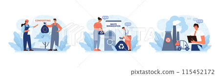 Waste Management set. Individuals promoting eco-friendly habits. Composting organic materials, minimizing refuse, monitoring industrial emissions. Dedicated teamwork for a green future. Flat vector Waste Management set. Individuals promoting eco-friendly habits. Composting organic materials, minimizing refuse, monitoring industrial emissions. Dedicated teamwork for a green future. Flat vector 115452172