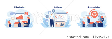 Urban development set. Rapid city growth, data analytics, and sustainable construction. Population surge, adaptive strategies, eco-friendly architecture. Flat vector illustration Urban development set. Rapid city growth, data analytics, and sustainable construction. Population surge, adaptive strategies, eco-friendly architecture. Flat vector illustration 115452174