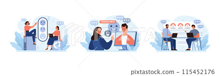 Diversity in the workplace set. Employees sharing emotions, promoting friendliness in a professional setting, and collaboratively assessing team dynamics. Digital interaction, mutual respect 115452176