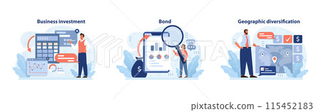 Investment strategy set. Exploring business growth, analyzing bonds, and ensuring geographic asset spread. Business prospects, financial evaluation, and global market reach. Flat vector illustration 115452183