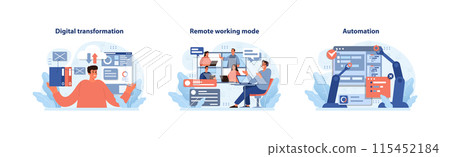Digital Business trio. Seamless integration of digital transformation, remote work dynamics, and automation processes. Future of work and technology synergy. Flat vector illustration. Digital Business trio. Seamless integration of digital transformation, remote work dynamics, and automation processes. Future of work and technology synergy. Flat vector illustration. 115452184