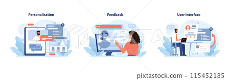 User Experience set. Personalisation with tailored content, woman receiving feedback online, man navigating user interface. Interaction, optimization, efficiency. Flat vector illustration User Experience set. Personalisation with tailored content, woman receiving feedback online, man navigating user interface. Interaction, optimization, efficiency. Flat vector illustration 115452185