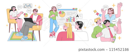 Office Dynamics set. Collaborative team discussions around charts. Laptop presentations, pie chart evaluations, peer interactions, celebratory moments. Flat vector illustration. 115452186