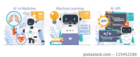 Ai integration set. Artificial intelligence and human synergy. Neural network assistance and robotization of life. Self-learning computing system processing big data. Flat vector illustration 115452190