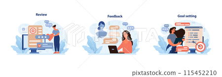 Professional development set. Analyzing performance, sharing insights, establishing objectives. Review processes, open feedback, and precise goal setting. Productivity, strategy, targets. Flat vector Professional development set. Analyzing performance, sharing insights, establishing objectives. Review processes, open feedback, and precise goal setting. Productivity, strategy, targets. Flat vector 115452210
