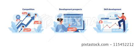 Workplace dynamics set featuring competition, development prospects, and skill enhancement. Charting the path to future success. Flat vector illustration. 115452212