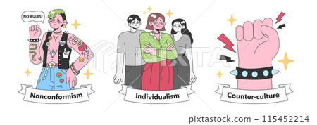 Nonconformism trio showcases individual defiance, group identity, and the bold spirit of counter-culture. Celebrating uniqueness and resistance. Flat vector illustration 115452214