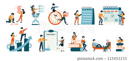 Corporate Efficiency set. Employees orchestrating time management and deadlines. Signing contracts, strategic planning, and achieving milestones. Flat vector illustration. 115452215