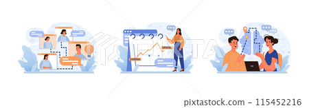 Digital Communication set. Remote team collaboration, trend analysis, and online discussions. Engaging virtual meetings, data presentation. Modern workplace dynamics. Flat vector illustration 115452216