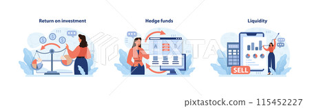 Finance set. Analyzing return on investment, delving into hedge funds, and understanding liquidity. Balanced scales, fund monitoring, instant selling. Flat vector illustration 115452227