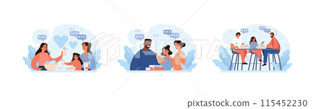 Modern Family Dynamics set. A gay couple celebrates love, a step-parent bonds with a child, and another gay couple enjoys dinner with their daughter. Exploring diverse family units. Flat vector. 115452230