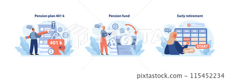 Retirement plans set. Exploring 401k benefits, accumulating pension fund wealth, initiating early retirement. Financial security, future planning. Investment strategy. Flat vector illustration. Retirement plans set. Exploring 401k benefits, accumulating pension fund wealth, initiating early retirement. Financial security, future planning. Investment strategy. Flat vector illustration. 115452234