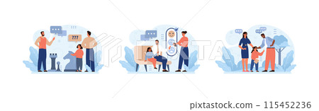 Family Dynamics set. A man helps a child integrate, professionals guide a family in therapy, and a step-parent connects with their child. Navigating diverse relationships. Flat vector illustration. 115452236