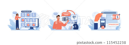 Sponsorship set. Professionals navigate funding options. Choosing suitable packages, obtaining goods, displaying sponsor signs. Engaging in financial partnerships. Flat vector illustration Sponsorship set. Professionals navigate funding options. Choosing suitable packages, obtaining goods, displaying sponsor signs. Engaging in financial partnerships. Flat vector illustration 115452238