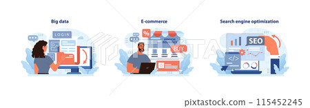 Digital Business essentials. Harnessing big data, streamlining e-commerce, and mastering SEO. Key elements for a robust online presence. Flat vector illustration. Digital Business essentials. Harnessing big data, streamlining e-commerce, and mastering SEO. Key elements for a robust online presence. Flat vector illustration. 115452245