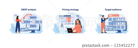 Business strategies set. Woman analyzes strengths and weaknesses, determining pricing strategies, and pinpointing target audience. Informed decisions, profitable results. Flat vector illustration 115452277