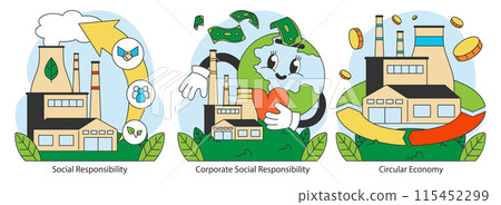 Ethical consumption trio. Showcases social and corporate accountability alongside circular economy concepts. Advocates for eco-conscious business operations. Flat vector illustration. Ethical consumption trio. Showcases social and corporate accountability alongside circular economy concepts. Advocates for eco-conscious business operations. Flat vector illustration. 115452299