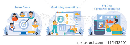 Trend watching set. Specialist tracking new business trends. Forecasting, data analysis and promotion strategy development. Flat vector illustration 115452301