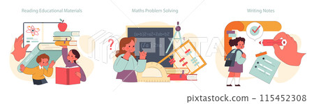 Children learn set. Elementary school classes. Children engaging in studies, discussions, and creative play. Multidisciplinary education, academic knowledge gaining. Flat vector illustration 115452308