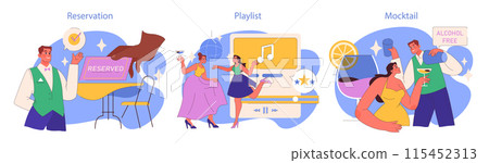 Girls Night Out set. Female friends going out together to celebrate with selfies, cocktails, and karaoke. Bachelorette, night club party with DJ. Flat vector illustration 115452313