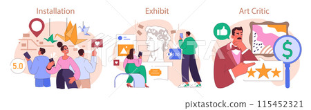 Museum or art gallery exhibition set. Visitors exploring diverse artworks. Curator guiding a excursion with interactive displays. Contemporary and classic art installation. Flat vector illustration Museum or art gallery exhibition set. Visitors exploring diverse artworks. Curator guiding a excursion with interactive displays. Contemporary and classic art installation. Flat vector illustration 115452321