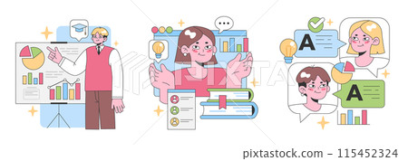 Educational insights set. Professionals exploring data trends, students grasping concepts, and celebrating achievements. Knowledge sharing, progress tracking. Flat vector illustration 115452324