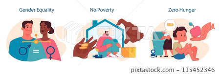 SDG or sustainable development goals set. Global target for better future including gender equality, health, education, clean energy, and economic growth. ESG and CSR. Flat vector illustration SDG or sustainable development goals set. Global target for better future including gender equality, health, education, clean energy, and economic growth. ESG and CSR. Flat vector illustration 115452346