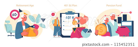 Retirement Planning set. Navigating the golden years with strategic financial planning from 401(k) to pension funds. Retirement Planning set. Navigating the golden years with strategic financial planning from 401(k) to pension funds. 115452351