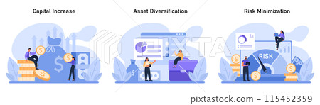 Capital Gain set. Building wealth through capital increase, diversifying assets, and minimizing risks. Strategies for financial stability and growth. Flat vector illustration 115452359