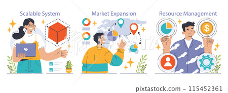 Scaling Strategy concept. Steps to successful business growth, featuring target achievement and efficiency. Business development, market reach, and cost-effective operations. Flat vector illustration Scaling Strategy concept. Steps to successful business growth, featuring target achievement and efficiency. Business development, market reach, and cost-effective operations. Flat vector illustration 115452361