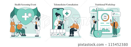 Boomer Health set. Various healthcare services for seniors including screenings, telemedicine, and nutrition. Elderly wellbeing and modern medical support. Vector illustration. 115452380