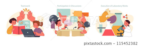 Children learn set. Elementary school classes. Students collaborate, discuss, and conduct experiments. Multidisciplinary education, academic knowledge gaining. Flat vector illustration 115452382