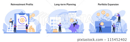 Capital Gain set. Showcasing reinvestment profits, importance of long-term planning, and strategies for portfolio expansion. Flat vector illustration 115452402