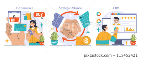 B2B Commerce set. Engaging online shopping experience, forging strong partnerships, effective customer relationship management. Consumer insights, collaboration strength, performance monitoring 115452421