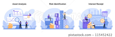 Financial analysis and risk management set. Scrutinizing assets, identifying investment risks, and optimizing interest returns. Strategic financial planning illustrated. Flat vector illustration 115452422