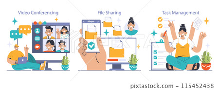 Collaboration tools set. Business characters attending online webinars, texting and sharing files. Employee collaboration. Effective teamwork, digital communication. Flat vector illustration Collaboration tools set. Business characters attending online webinars, texting and sharing files. Employee collaboration. Effective teamwork, digital communication. Flat vector illustration 115452438