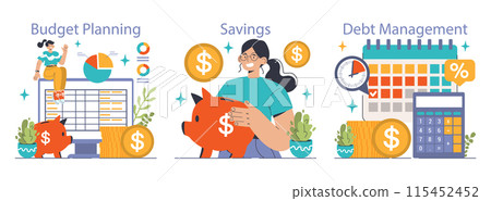 Financial Literacy set. Practical budgeting, consistent saving habits and smart debt handling. Finance, savings, planning. Flat vector illustration 115452452