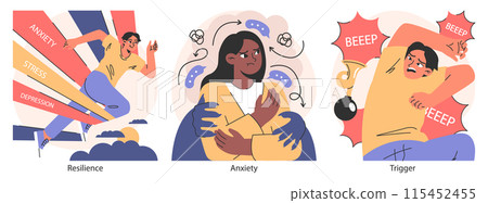 Overcoming fears set. Characters confronting fears with desensitization, reframing and exposure strategy. Psychological resilience with affirmations and visualization therapy. Flat vector illustration Overcoming fears set. Characters confronting fears with desensitization, reframing and exposure strategy. Psychological resilience with affirmations and visualization therapy. Flat vector illustration 115452455