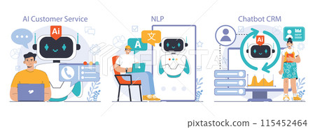 Chat bot set. AI-powered customer service. Online consultation with artificial neural network. Artificial intelligence virtual assistant. Flat vector illustration 115452464