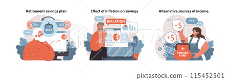 Future Finance set. Detailing a retirement savings plan, understanding inflation effects, and exploring alternative incomes. Nurturing financial growth. Flat vector illustration. 115452501
