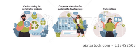 Sustainable investment strategies. Capital sourcing, corporate learning, stakeholder engagement. Green economy driving forces. Flat vector illustration. 115452503