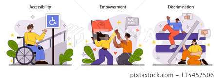 Inclusive Society set. Depicting supportive embrace, equal opportunities, and cultural diversity. Celebrating unity, global fairness, and varied abilities. Advocacy vector illustration. Inclusive Society set. Depicting supportive embrace, equal opportunities, and cultural diversity. Celebrating unity, global fairness, and varied abilities. Advocacy vector illustration. 115452506