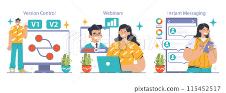 Collaboration tools set. Man showcasing version control, woman attending online webinars, texting via instant messaging. Seamless teamwork, digital communication. Flat vector illustration 115452517