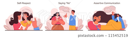 Assertiveness set. A triptych of self-empowerment through self respect, boundary setting, and assertive communication. Encouraging personal growth and confidence. Flat vector illustration 115452519