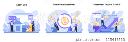 Financial Growth set. Navigating asset liquidation, reinvesting for cash flow enhancement, and maximizing investment income potential. Strategic wealth accumulation visualized. Flat vector. Financial Growth set. Navigating asset liquidation, reinvesting for cash flow enhancement, and maximizing investment income potential. Strategic wealth accumulation visualized. Flat vector. 115452533