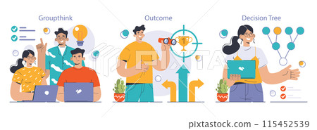 Decision-making set. Strategic thinking, brainstorming and solution research. Multiple options dilemma. Pros and cons , risk and benefits analysis. Flat vector illustration 115452539