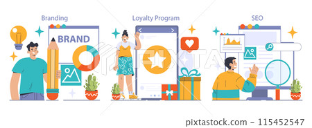 Business Concepts set. Seamless procurement process, engaging B2B marketing strategies, and compelling value proposition. Shopping, data analytics, diamond offer. Flat vector illustration 115452547